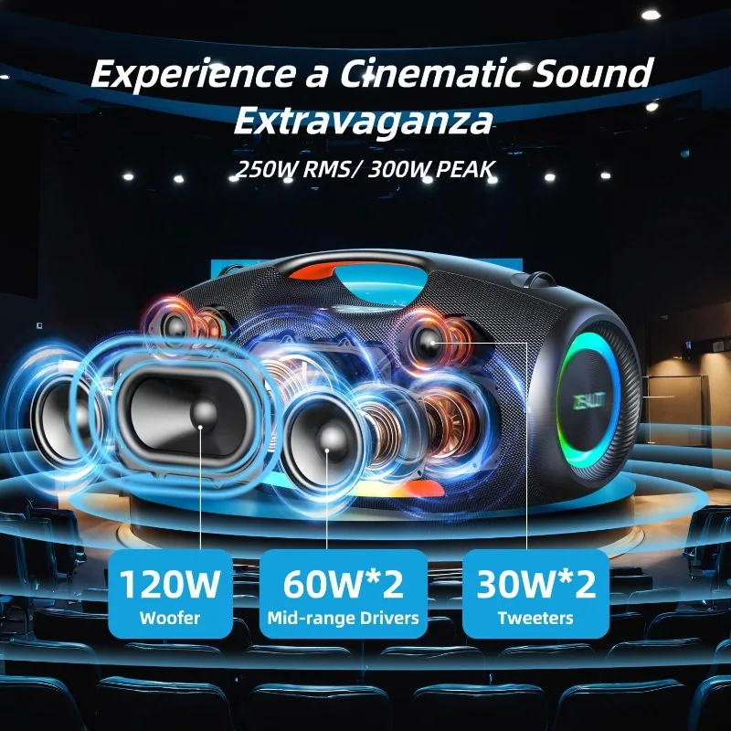 ลําโพงบลูทูธ 250W, ลําโพงไร้สายสําหรับงานปาร์ตี้, เบสขนาดใหญ่, ลําโพง Portale พร้อมซับวูฟเฟอร์, เสียงไฮไฟ, IPX6
