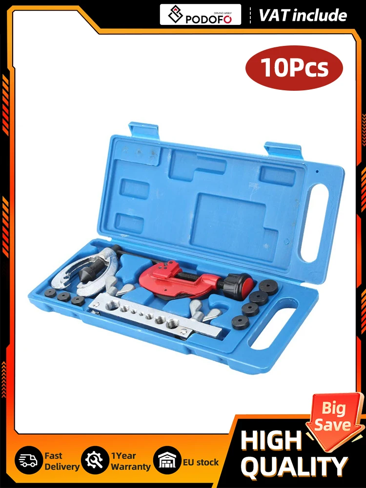 Podofo 10-teiliges Kupfer-Bremsleitungs-Reparaturwerkzeug-Set mit Doppelbördelwerkzeug, Rohrschneider und Klemme im Koffer