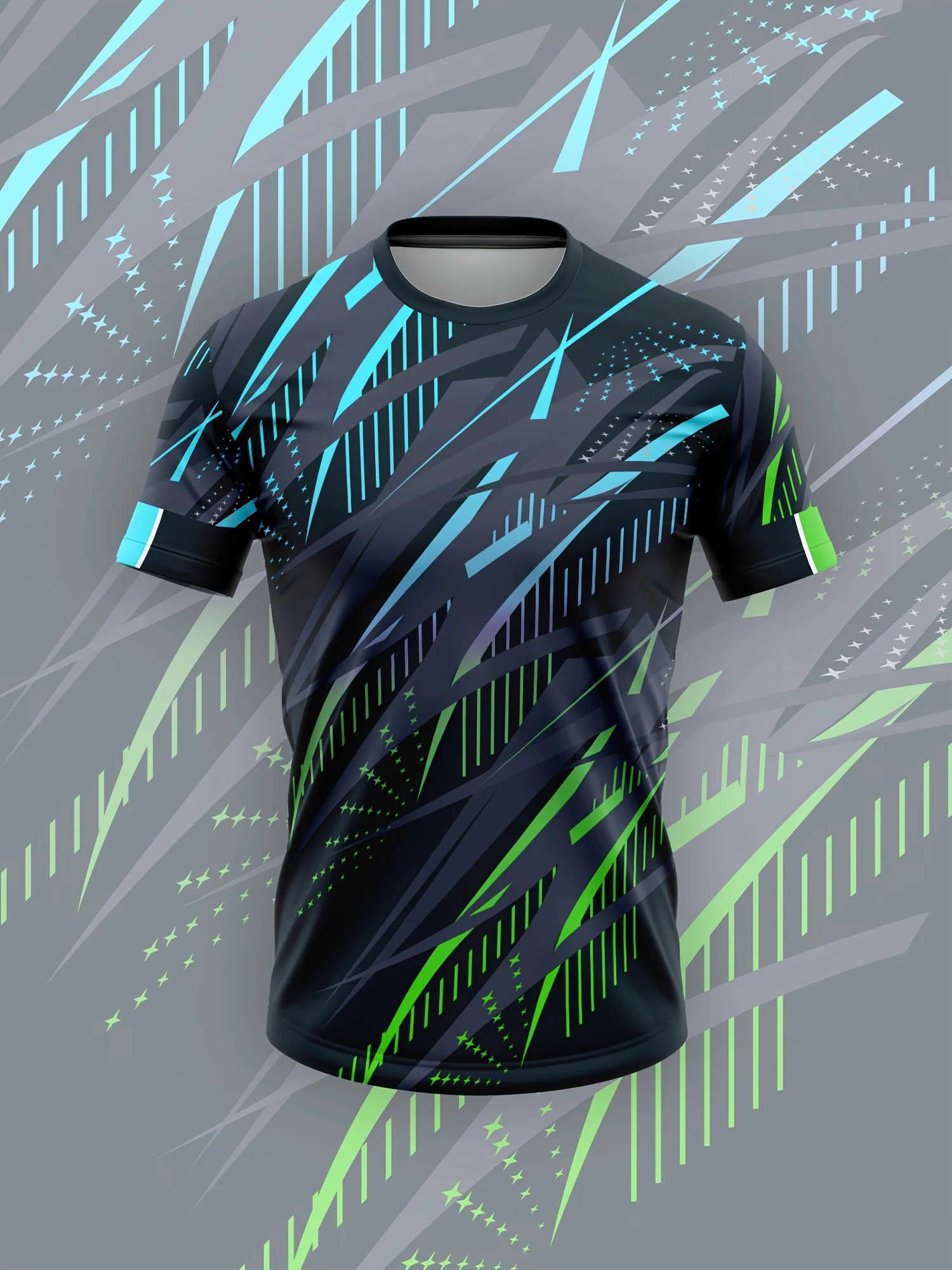 Black Cyan Lime Sharp Line Abstract Sport Tee Crew Neck Quick Dry Training Top