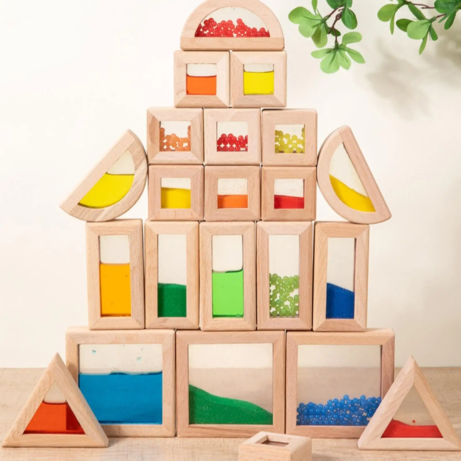 22 Pieces Wooden Sensory Blocks Clear Panels Geometric Stacking Blocks Colored Sand Transparent Block Set
