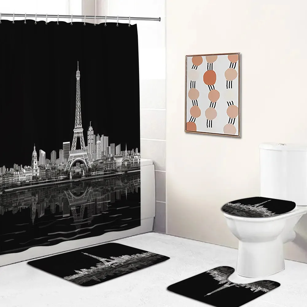 Paris Tower Shower Curtain Set High-heels Red Lipsticks Romantic Couple Bathroom Curtain Non-slip Bath Mat Toilet Lid Cover