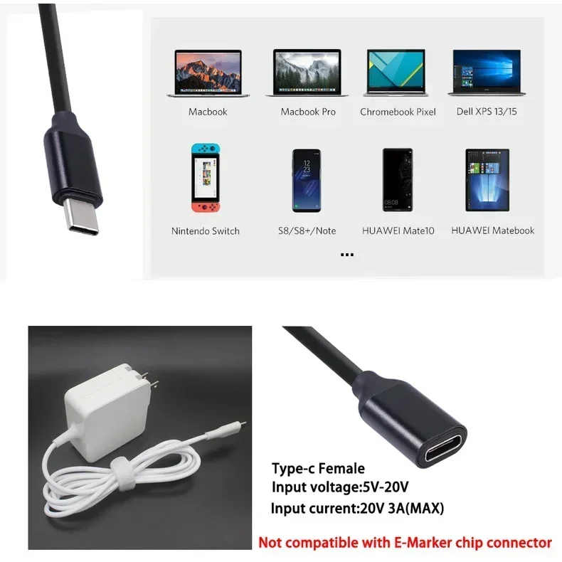 Type-c Male to Female Extension Cable 1M 3A 60W Usb C Type-c Male to Female Extension Cable Extensor Wire Connector