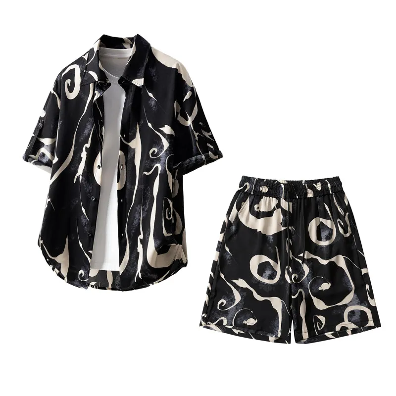 

Cross-Border Korean Hong Kong Style American Street Fashion Men's Clothing Set Casual Shorts Sleeve Shirt Hip And Handsome