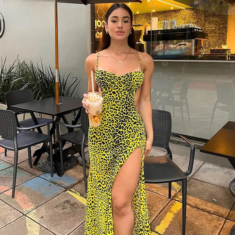 

Сексуальное длинное платье с открытой спиной и разрезом, модное платье без бретелек с леопардовым принтом для дерзких девушек, с завышенной талией, из полиэстера, для лета и осени, новинка