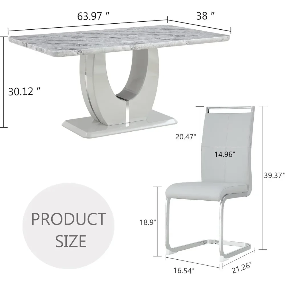 Modern dining table set for 6 people, rectangular dining table with artificial marble tabletop and 6 Pu leather cushioned chairs