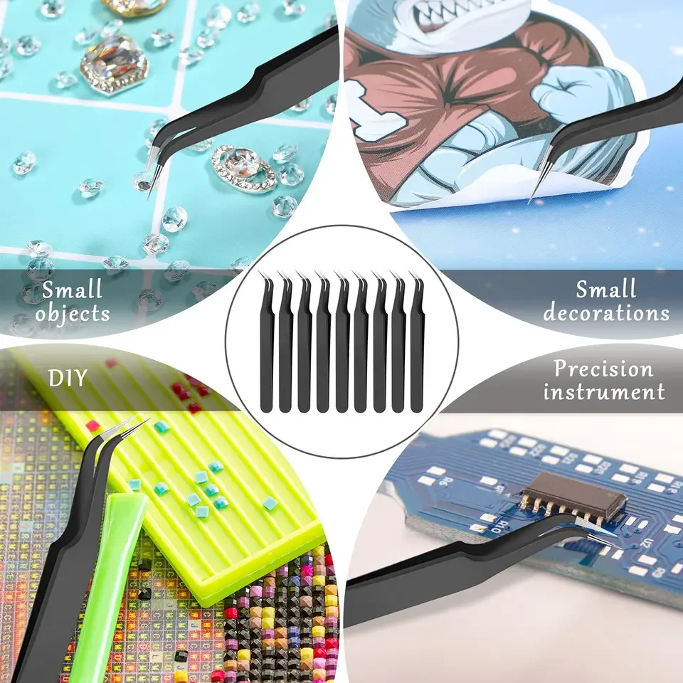 Pinzette per estensione ciglia con punta curva in acciaio inossidabile da 1/9 pezzi, pinzette con punta curva pinzette con punta a punta con copertura protettiva