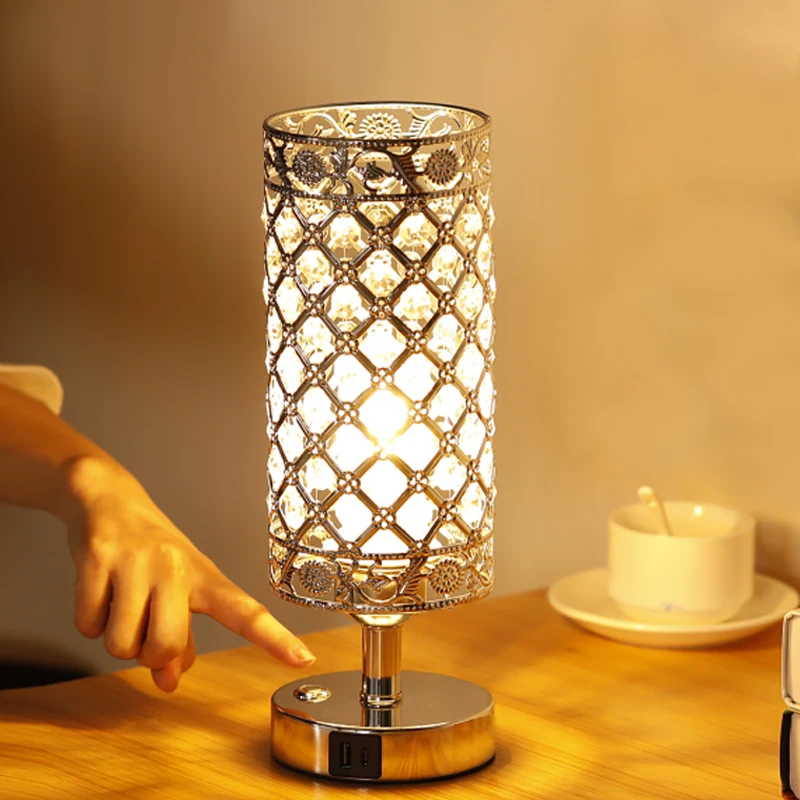 Dimmable Floor Lamp Crystal Shade Touch Desk Lamps 4000MAH Battery LED USB C+A Charging Port Bedside Room Decor Floor Light