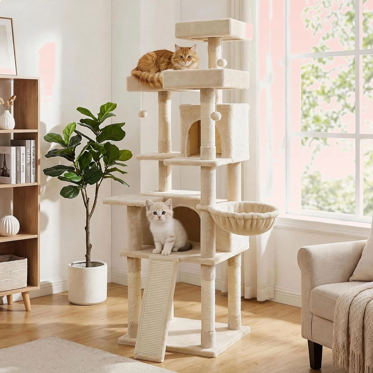 PETSITE 65" Multi-Level Cat Tree with Scratching Posts, Condos & Rotatable Basket for Indoor Cats