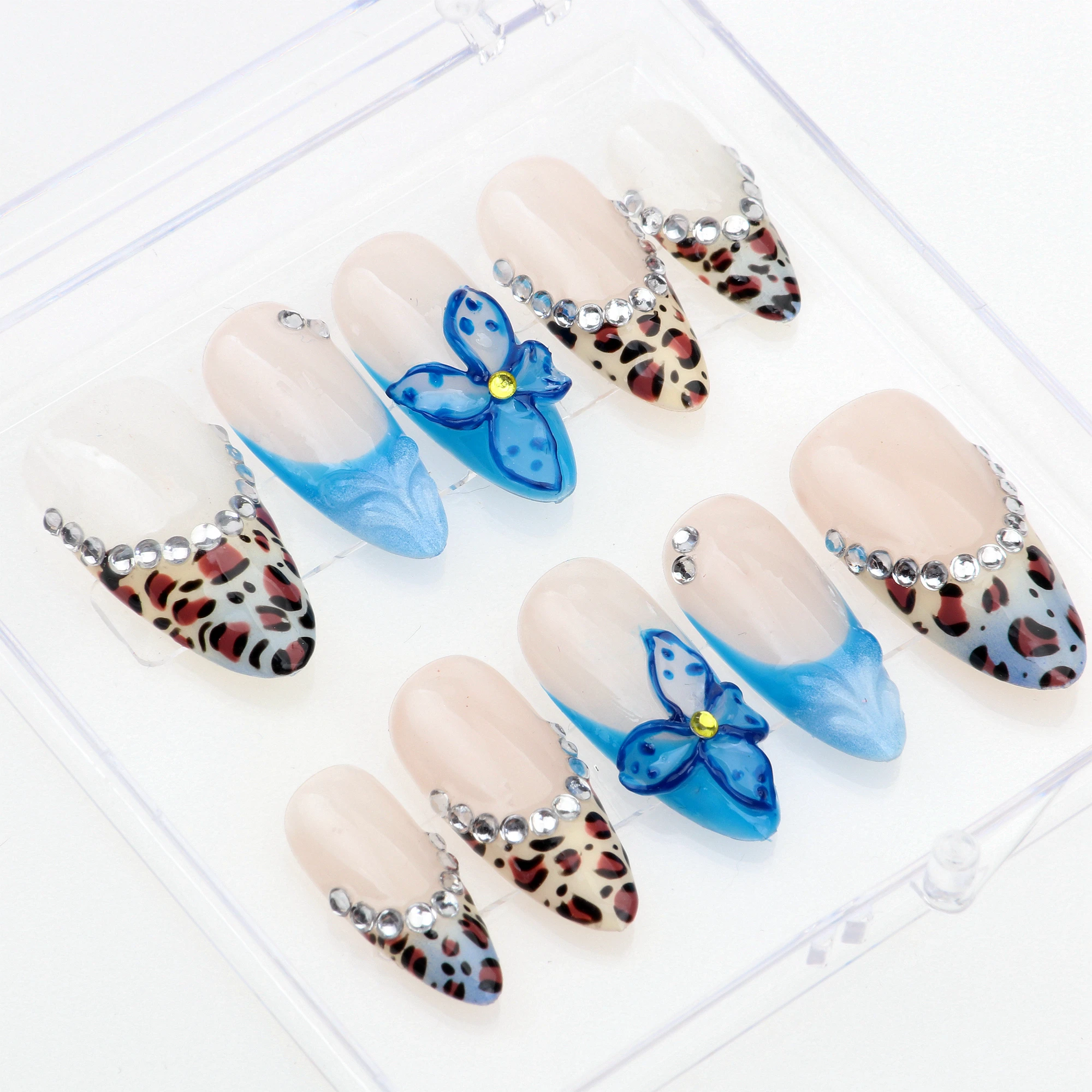 10Pcs Gel Blue Flower Nails Custom Press On Nails hand painted leopard French Tips Design nails Acrylic Fake FreeStyle Nail Set