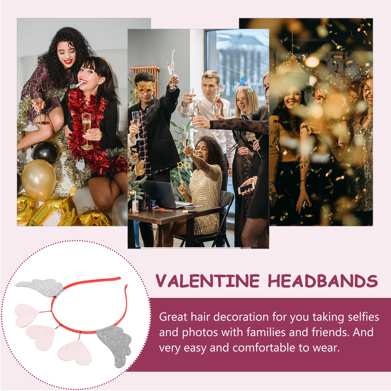 

3 Pieces Red Pink Heart Headbands Valentine Hairbands for Adults Party Headdress Fashion Accessories Holiday Decor Womens