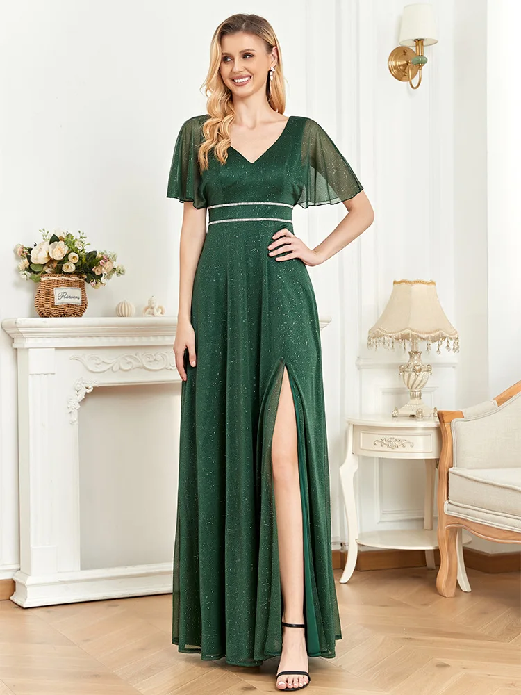 Robe de Soirée Longue Verte Élégante pour Femme, Col en V, Manches à Volants, Brillante, Tenue de Bal Formelle