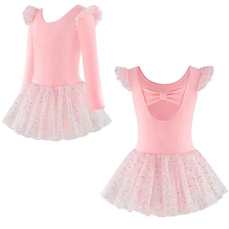 

Children Girls Sequined Mesh Tutu Ballet Dress Solid Color Spliced ​​Flying Sleeve / Long-sleeved Dance Dress 3-12 Years