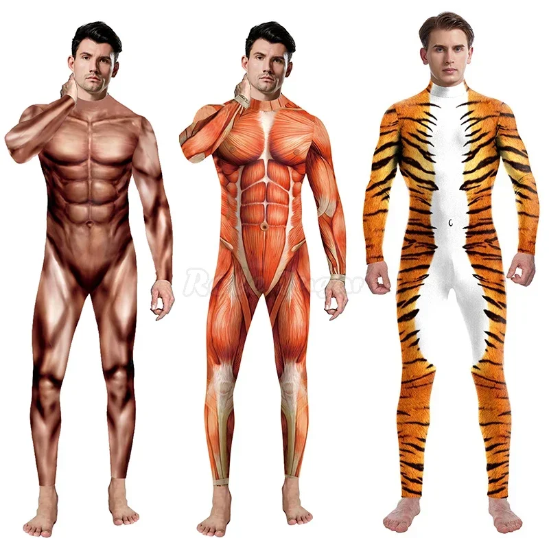 เซ็กซี่ผู้ชายผู้หญิงฮาโลวีนเครื่องแต่งกายสัตว์ Zentai Catsuit ชุดเสืองู 3D พิมพ์กล้ามเนื้อ COSPLAY Bodysuit Jumpsuits