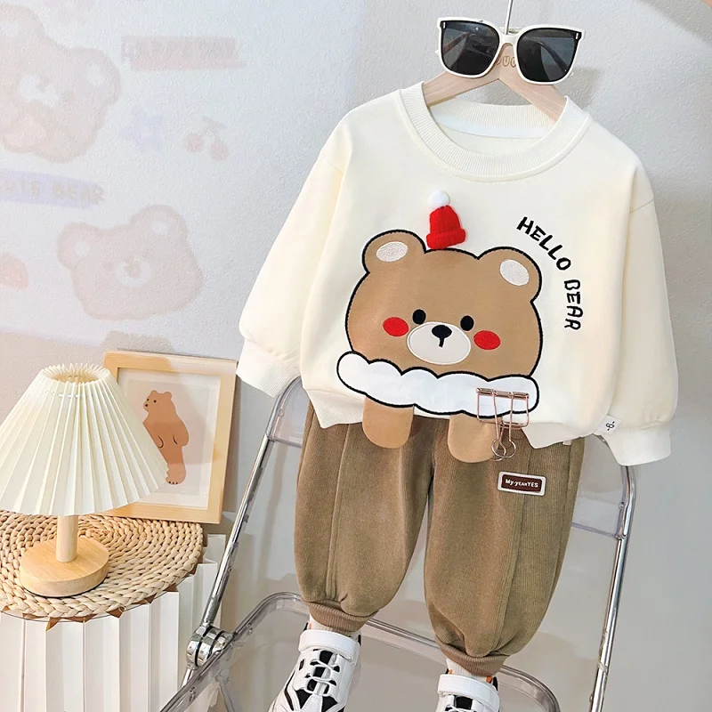 Baby clothes 2024 new children\'s bear suit boys and girls\' letter long sleeve trousers leisure two-piece simple sportswear