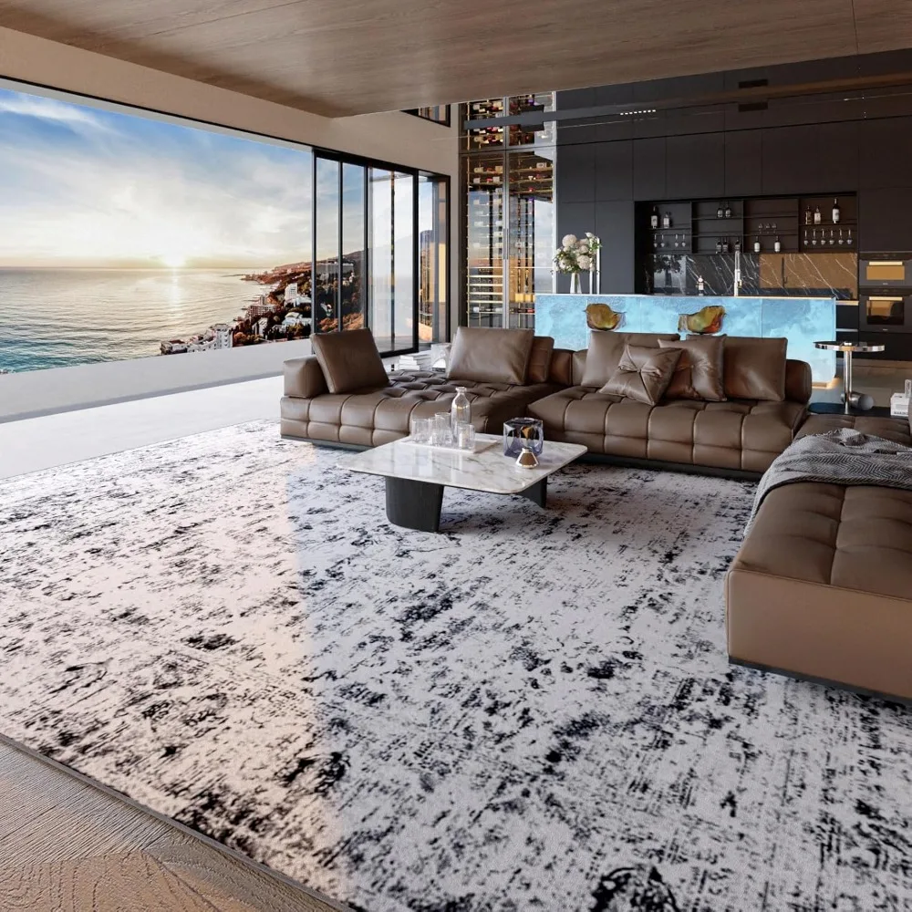 

Large 8x10 Living Room Rugs, Washable Grey and White, Thin Non-Slip Low Pile, Vintage Abstract Boho Style Carpet