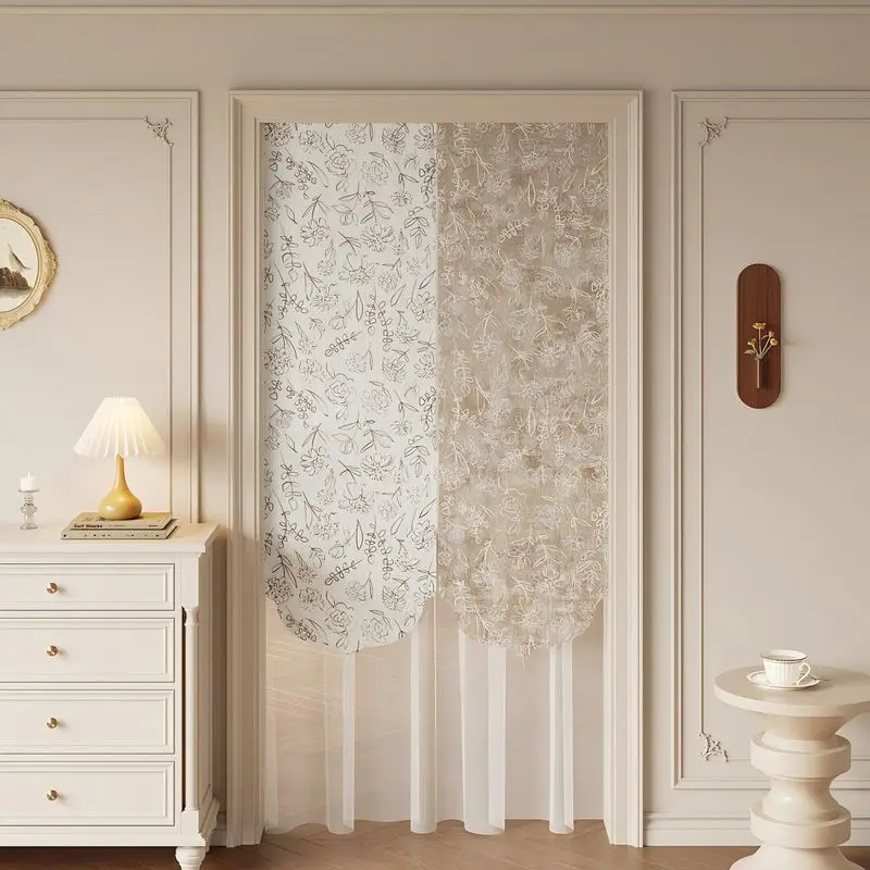 VIKAMA French Line Floral Sheer Noren Split Door Curtain Room Divider Privacy Curtain for Bedroom Elegant Home Decor