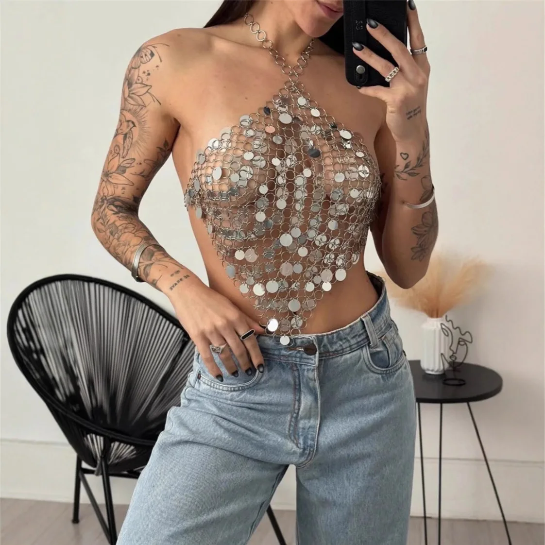 Silver Sequined Metal Hollow Out Vest Bra Chain for Women Oirginal Design Summer Beach Sexy Party Body Chain Dance Show Costumes