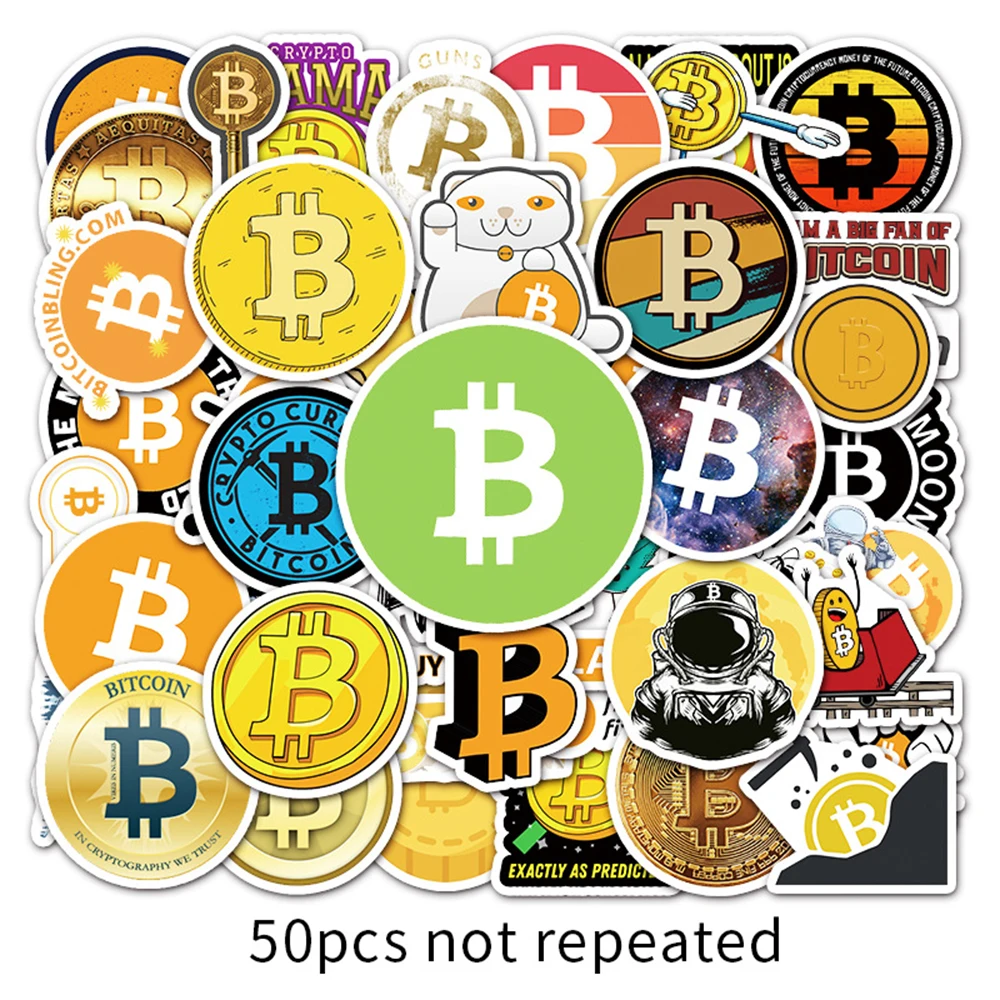 50 pièces Bitcoin crypto monnaie virtuelle BTC autocollants décalcomanie enfants jouets bricolage ordinateur portable Skateboard bagages téléphone dessin animé autocollant cadeaux
