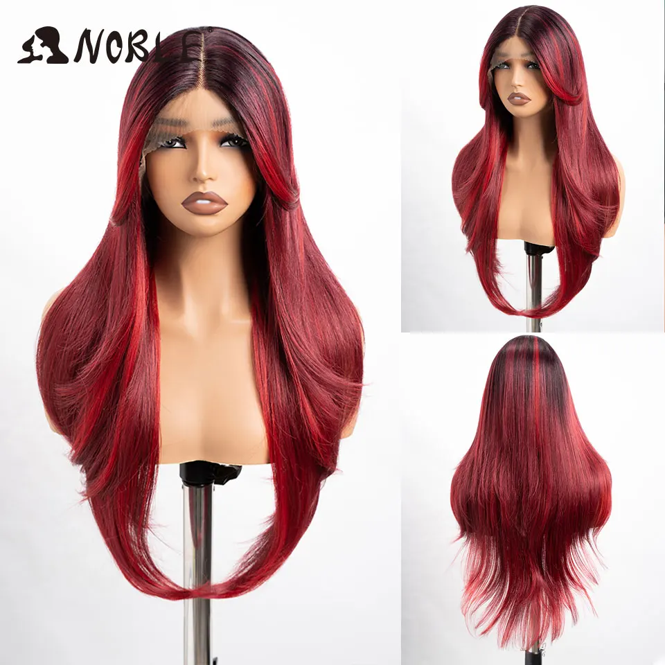 Synthetic Lace Front Wig 26 Inch Burgundy Ombre Red Highlight Butterfly Cut Long Face Framing Layered Heat Resistant Wig For Wom