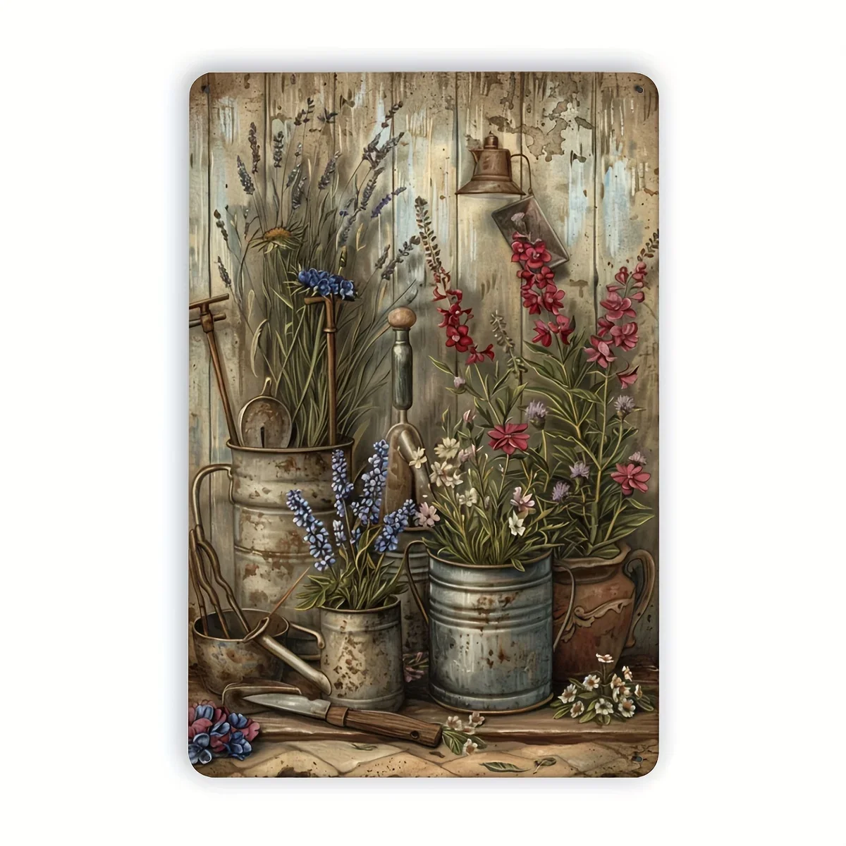 （2D Tin painting）Encantadora Letrero Metálico Vintage para Jardín - Diseño Floral y de Herramientas de Jardinería de 8x12 Pul