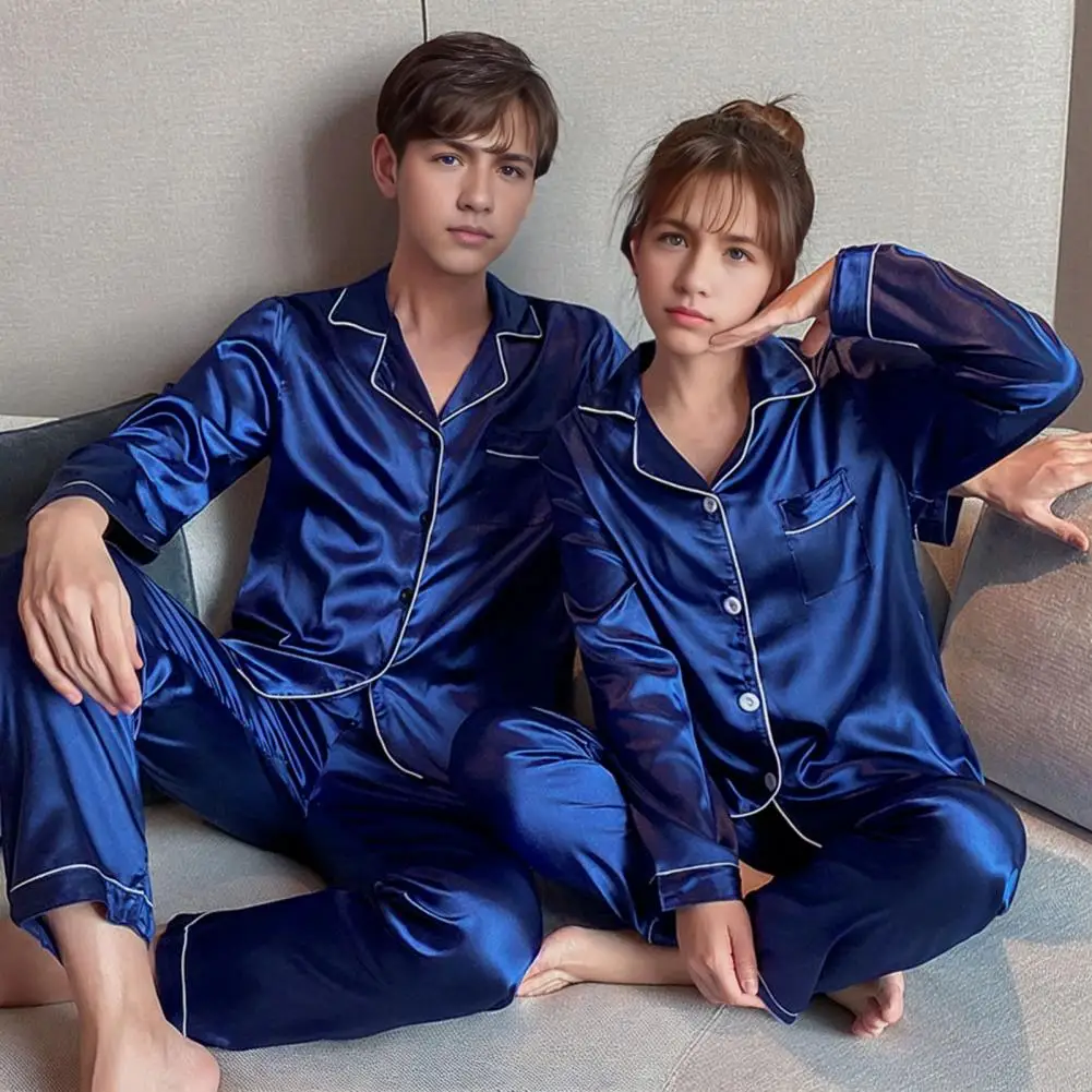 2Pcs/Set Men/women Loungewear Set Lapel Long Sleeve Shirt Tops Elastic Waist Long Pants Set Casual Single Breasted Sleepwear