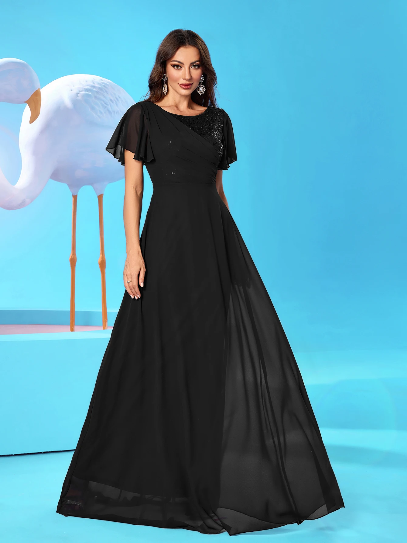 UNITHORSE جولة الرقبة الدانتيل كم مطرز الترتر لصق الشيفون مساء اللباس تنورة #5