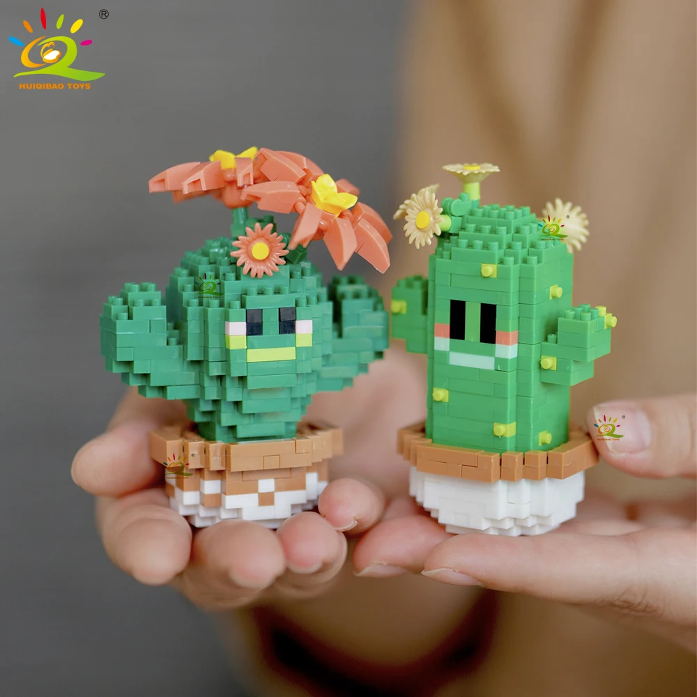 HUIQIBAO Mini MOC Cactus Potted Plant Micro Building Block 3D Diamond Flower Desk Decoration Model Brick DIY Toys for Children