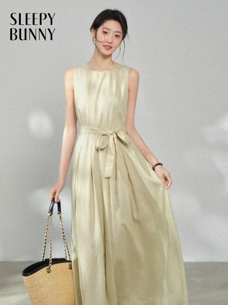 

Women Sleeveless Maxi Dress Round Neck A Line Dress High Waist Tie Waist Elegant Flowing Summer Casual Outfit French Style Lady