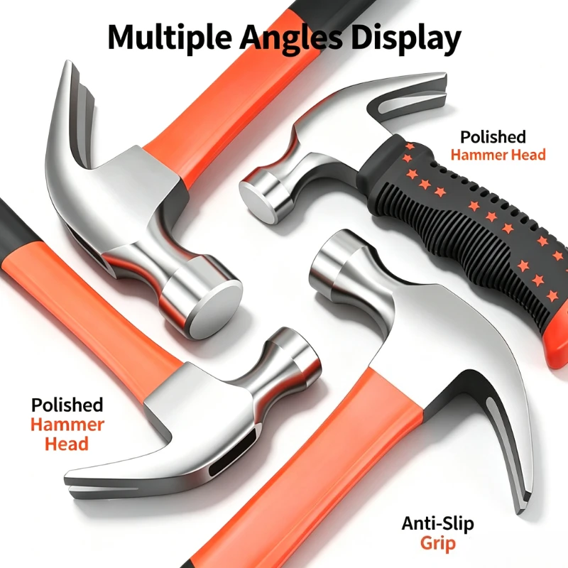 Fiberglass Handle Claw Hammer High Carbon Steel Anti Slip Rubber Grip Nail Pulling Hammer For Construction Woodworking Hand Tool