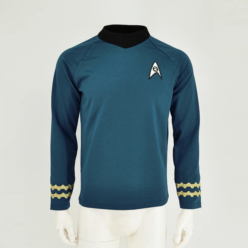 Cosplay TOS Captain Kirk Gold Shirts Spock Blue Uniforms Badge Red Starfleet Tops for Men's Coat Halloween Party Prop