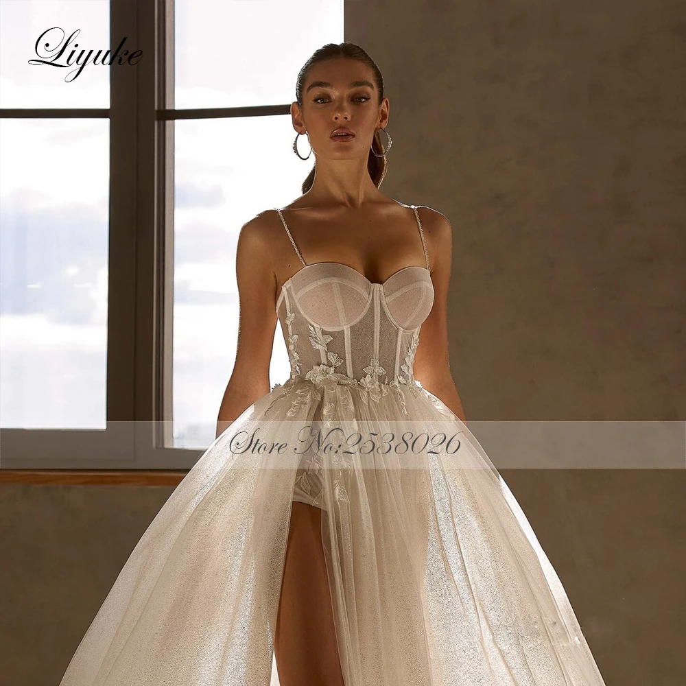 Liyuke Customize Made Sexy Front Split A-Line Wedding Dress Spaghetti Straps Sweetheart Bridal Gown