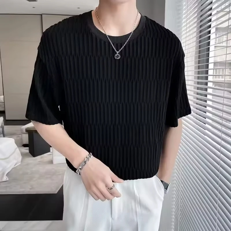 2025 New Fashion Summer Men's Casual Trendy O-neck Short Sleeve Black White Blue Solid Color Ice Silk T-shirts Male Clothes Tops