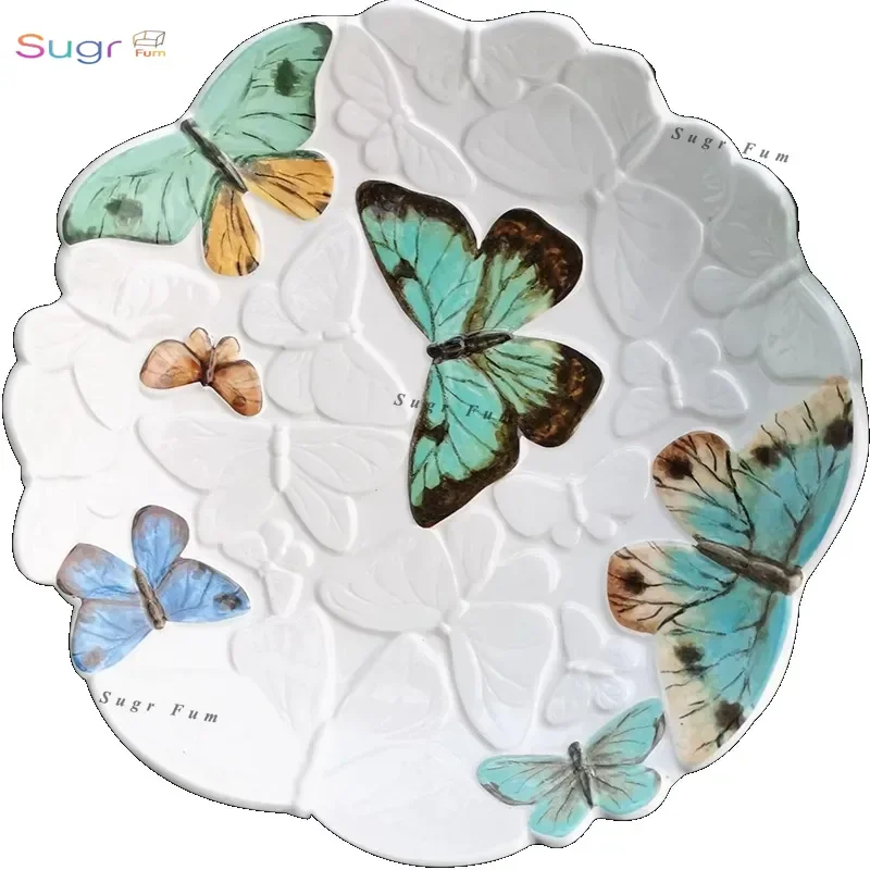

Ceramic home daily dining table, living room coffee table decoration, round butterfly bowl relief hand-painted three-dimensional