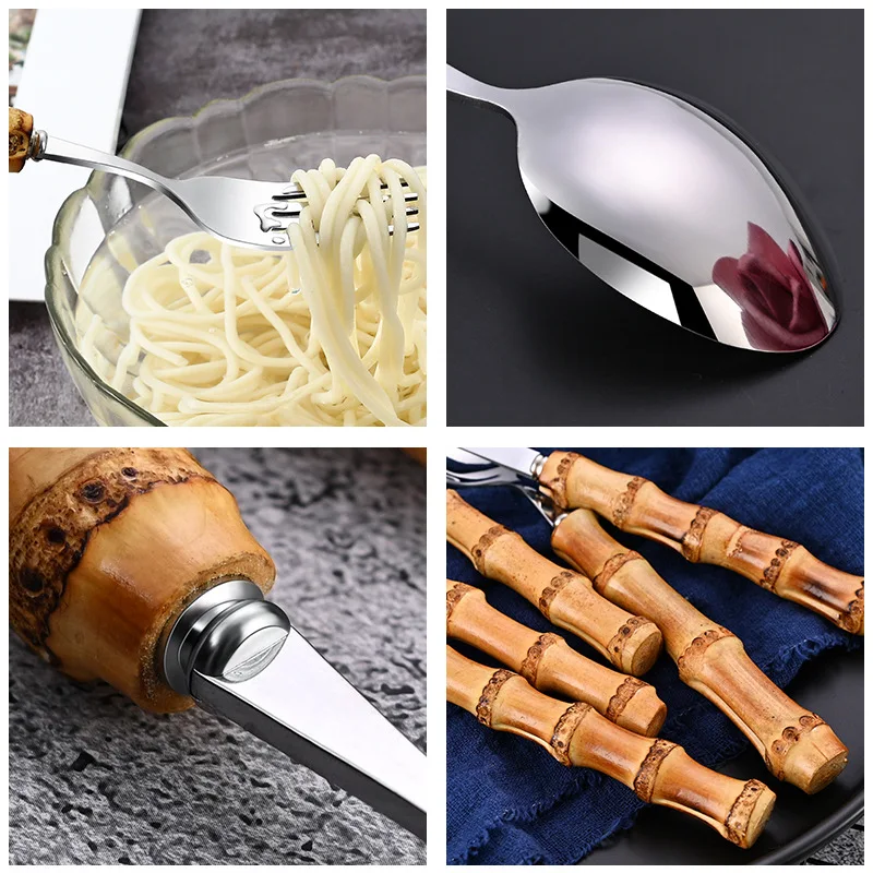 Steak Knife Fork Spoon Tableware   Bamboo Handle Stainless Steel Tableware Western Food Knife, Fork and Spoon   Kitchen Items