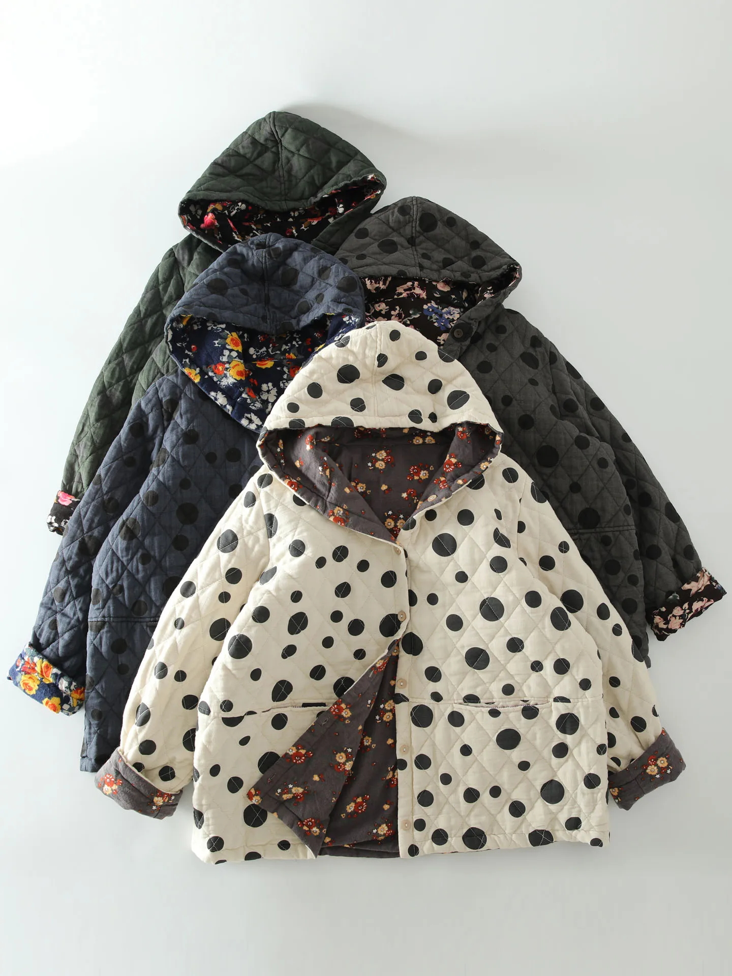 

Double-Sided Wear Cotton Jaet Women's Loose Fit Hooded Retro Polka Dot Insert Warm Cotton Coat Sli Commute Sle