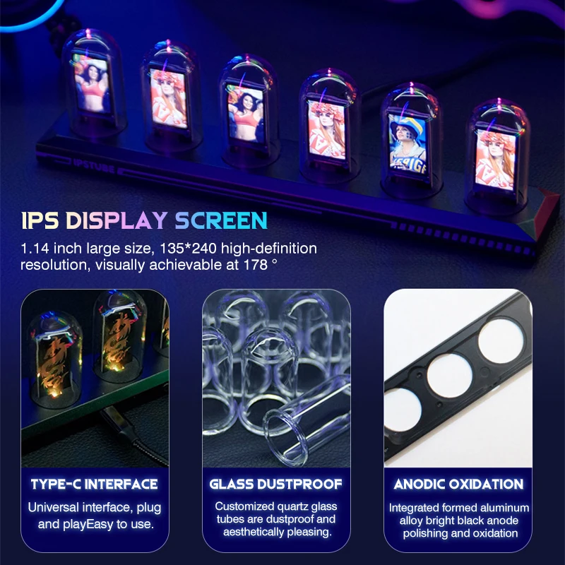 Часы RGB Nixie Tube с приложением, цифровые часы с цветным IPS-экраном в стиле ретро, цифровые часы с Wi-Fi для декора игрового стола и идеи подарка