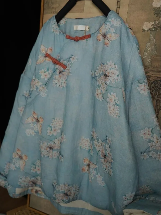 

2025 Winter New Sle ort Cotton Jaet Women's round Ne Printed Cotton Linen Chinese National Sle Commute Loose Fit