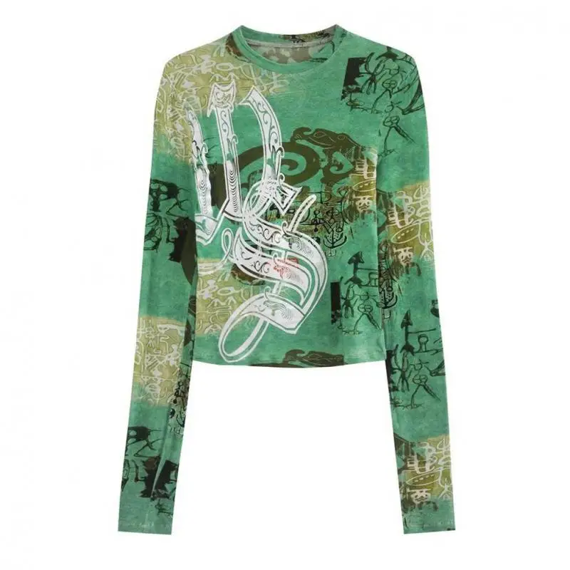 Yedinas Print T Shirt Women Clothes Long Sleeve Green See Through  Grunge Aesthetics Slim Spring Tops Gothic Tees Chic Tshirts