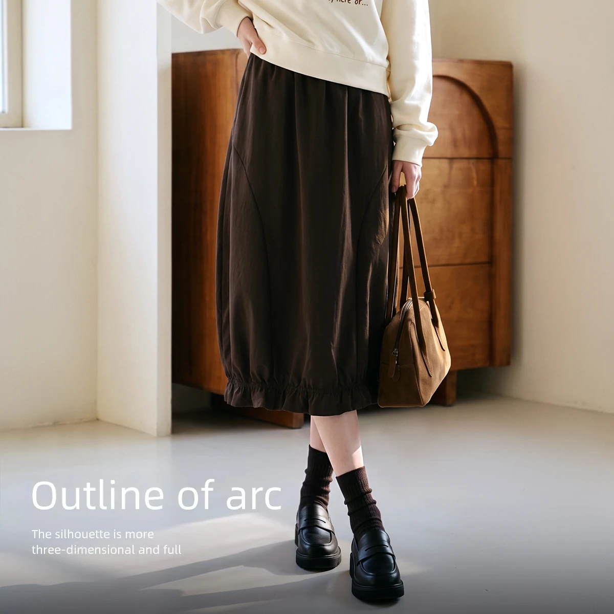 OLrain French Style Skirts for Women Elastic Waist Bubble Hem 2026 Fall Winter New Casual Daily Commuter Midi Skirt O58QB002938
