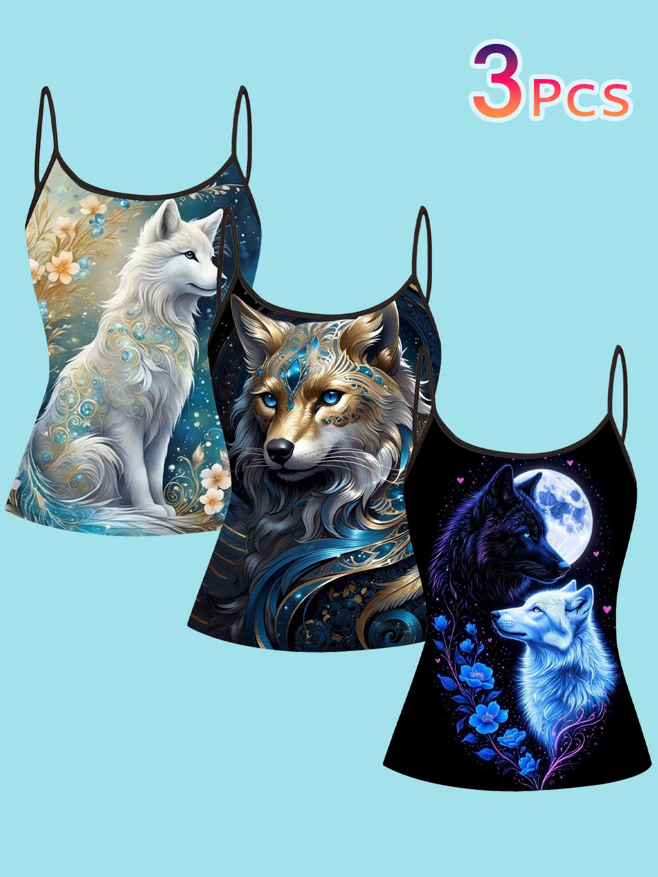 3-Piece Set of Mysterious Floral Wolf Print Camisole for Women, Summer Slim-Fit Spaghetti Strap Personalized Inner Wear