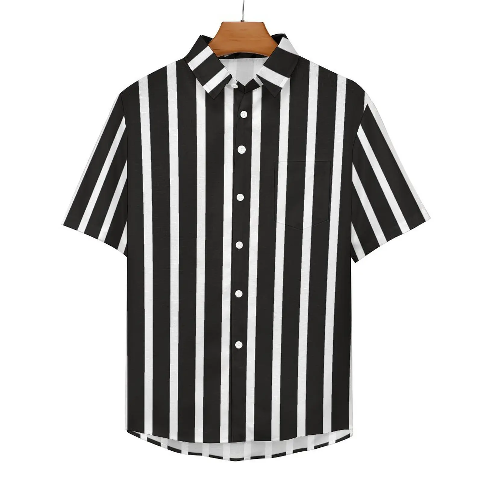 Black And White Striped Beach Shirt Vertical Lines Hawaiian Casual Shirts Male Retro Blouses Short Sleeves Printed Tops Big Size