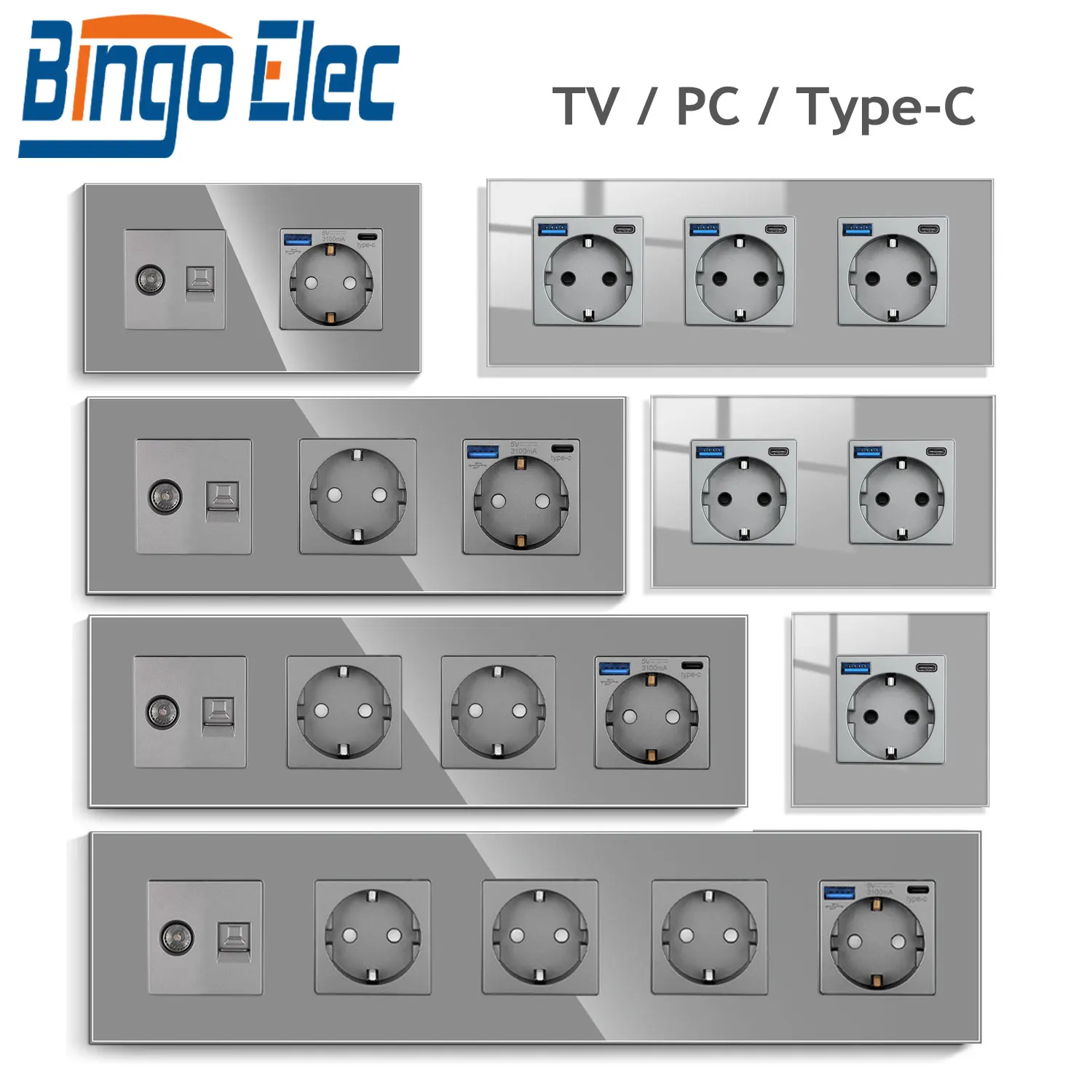 

BINGOELEC EU Power Socket CAT6/TV Dedicated Socket With USB Type c Charging Port 220V 16A Grey PC Panel Russia Spain Wall Socket