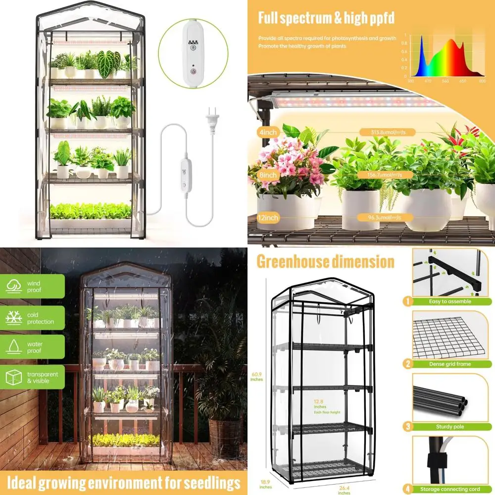

4-Tier Portable Indoor Greenhouse with Grow Light, Shelves, Waterproof Cover