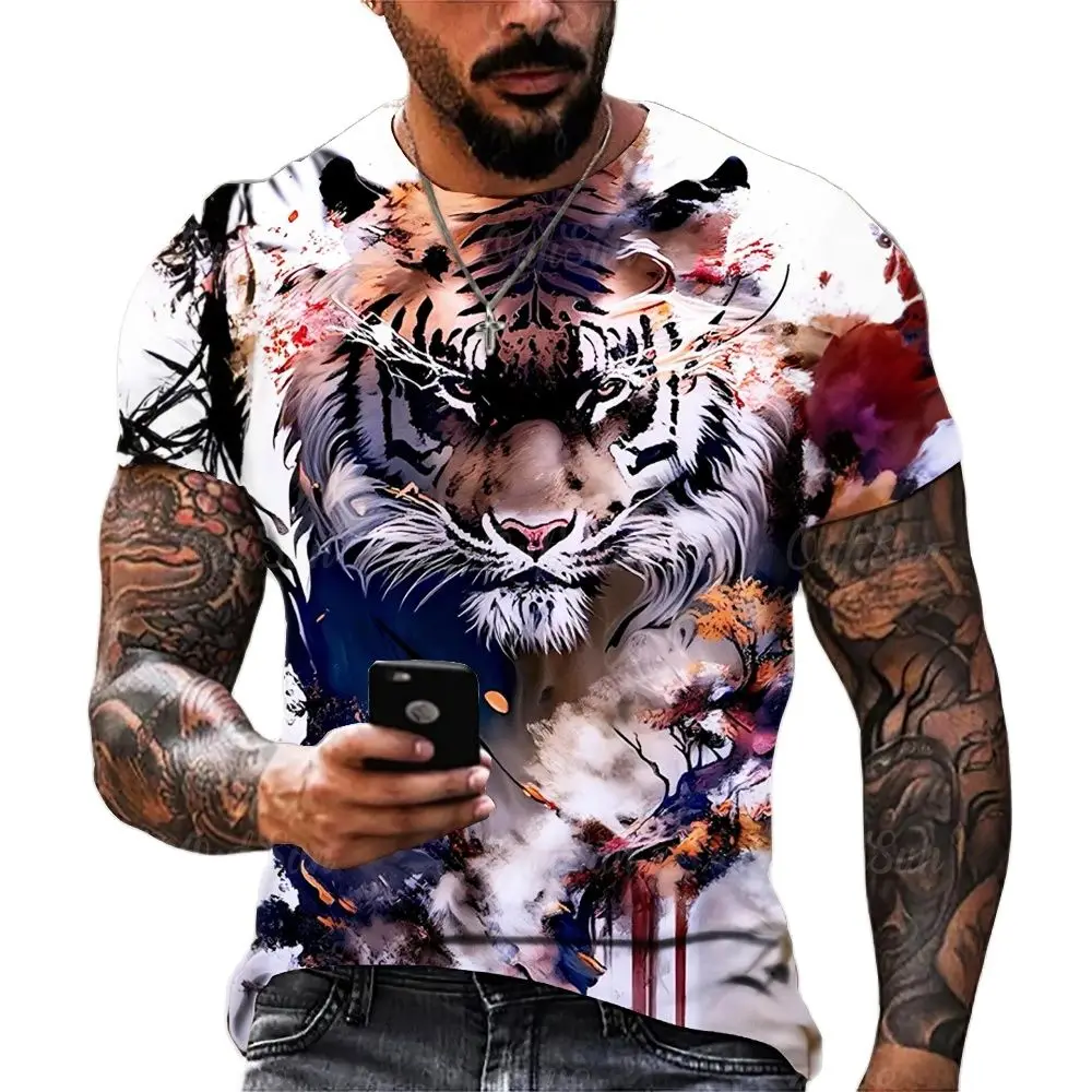 Tier Tiger Print Sommer Herren T-Shirts atmungsaktive Polyester O-Ausschnitt lose Kurzarm Tops lässig T-Shirt Herren Kleidung 3xl