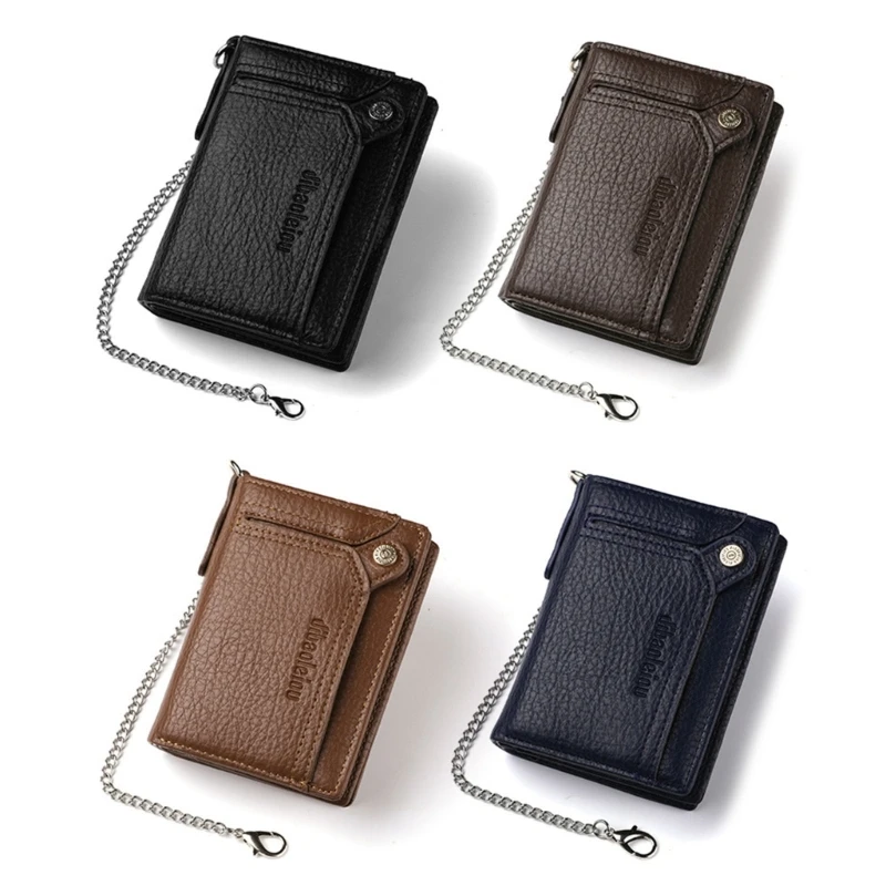 Mens PU Leather Short Wallet with Chain for Car License and Payment Cards Holder 066F