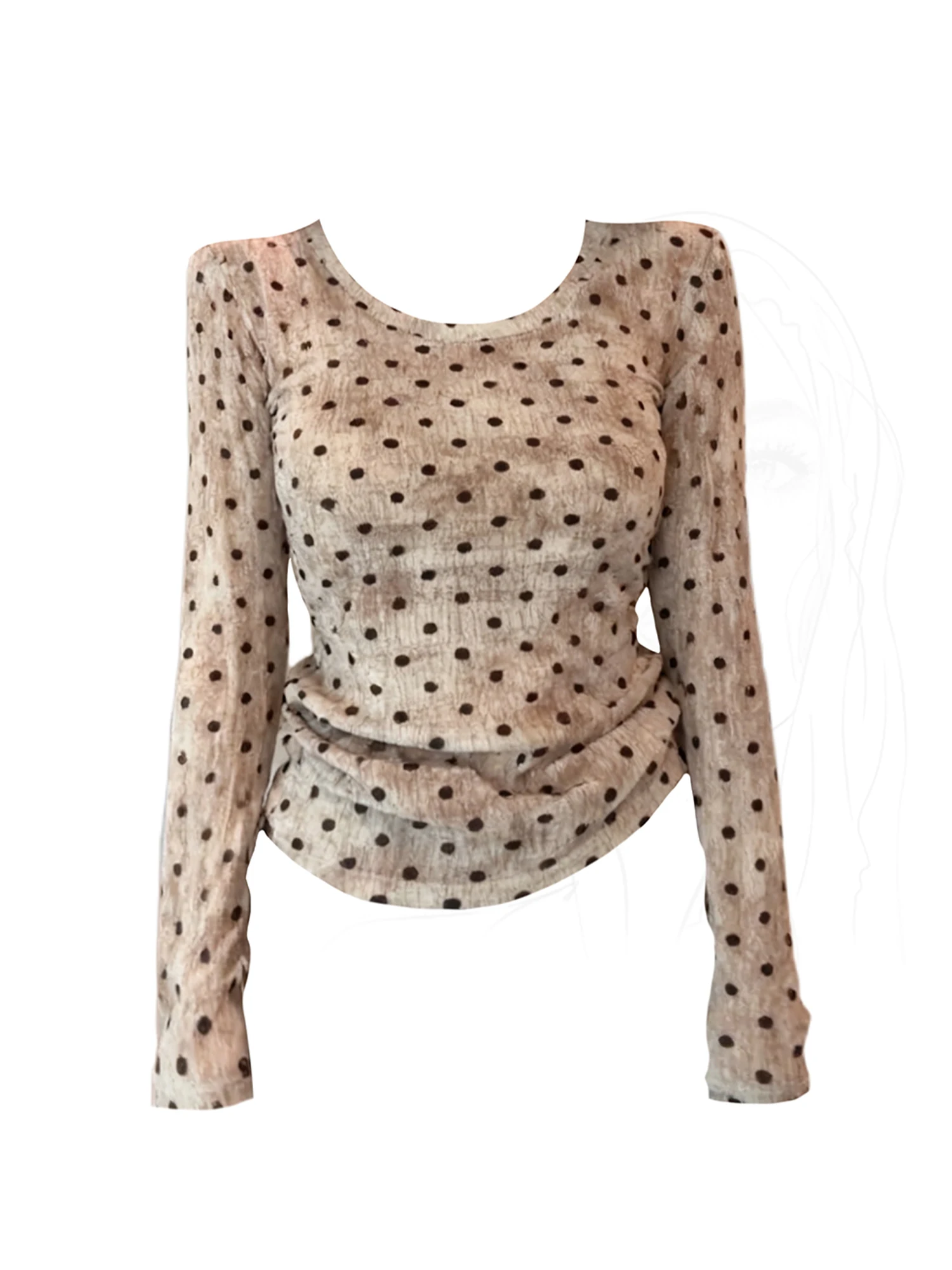 

Women's Khaki Y2k 2000s T-shirt Vintage Harajuku Aesthetic Gyaru Polka Dot O-Neck Tee Top Long Sleeve Oversize T-shirts Clothes