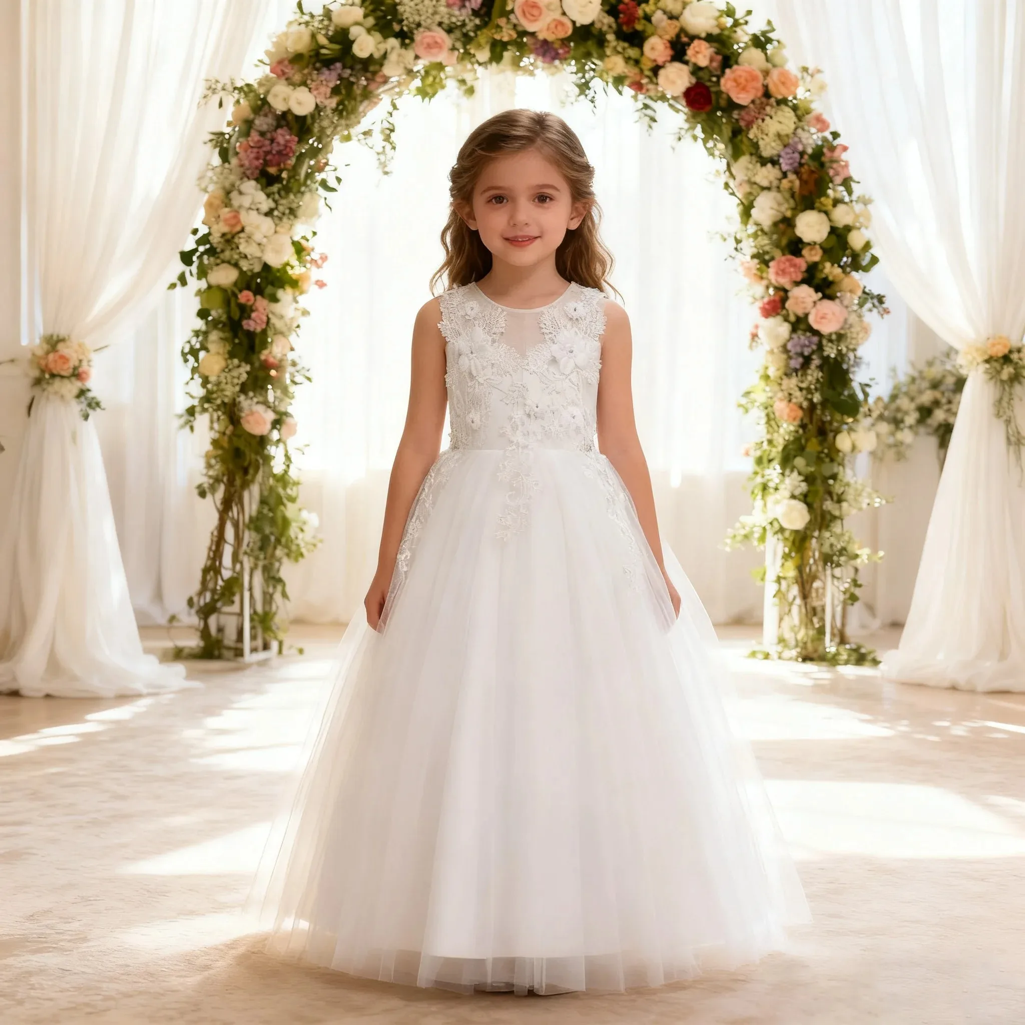 

Luxury Lace Embroidered Flower Formal Dress for Girls Pageant White Gown Girls Wedding Evening Bridesmaid Teen piano performance