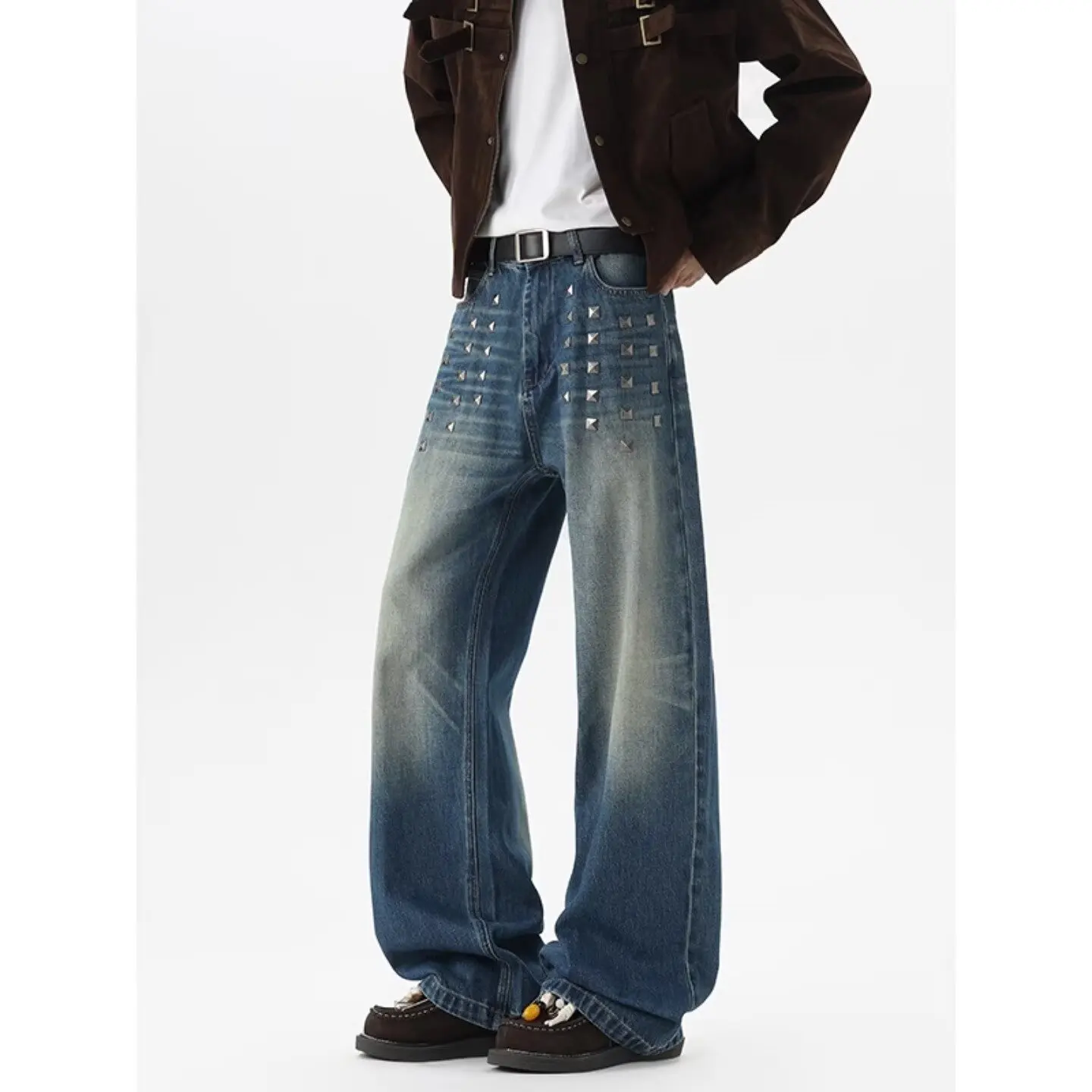 

Waed Denim Jeans Japanese Sle Trendy Square Nail Decoration Design Vintage Straight Leg Jeans Simple Versatile Youth ...