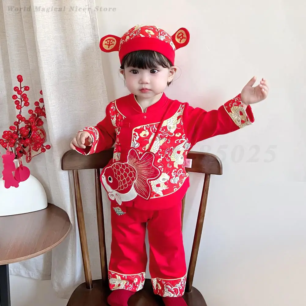 

Детский красный костюм Тан, детский новогодний костюм ханьфу для мальчиков и девочек, весенне-осенний хлопковый костюм для родной фотографии, одежда Тан