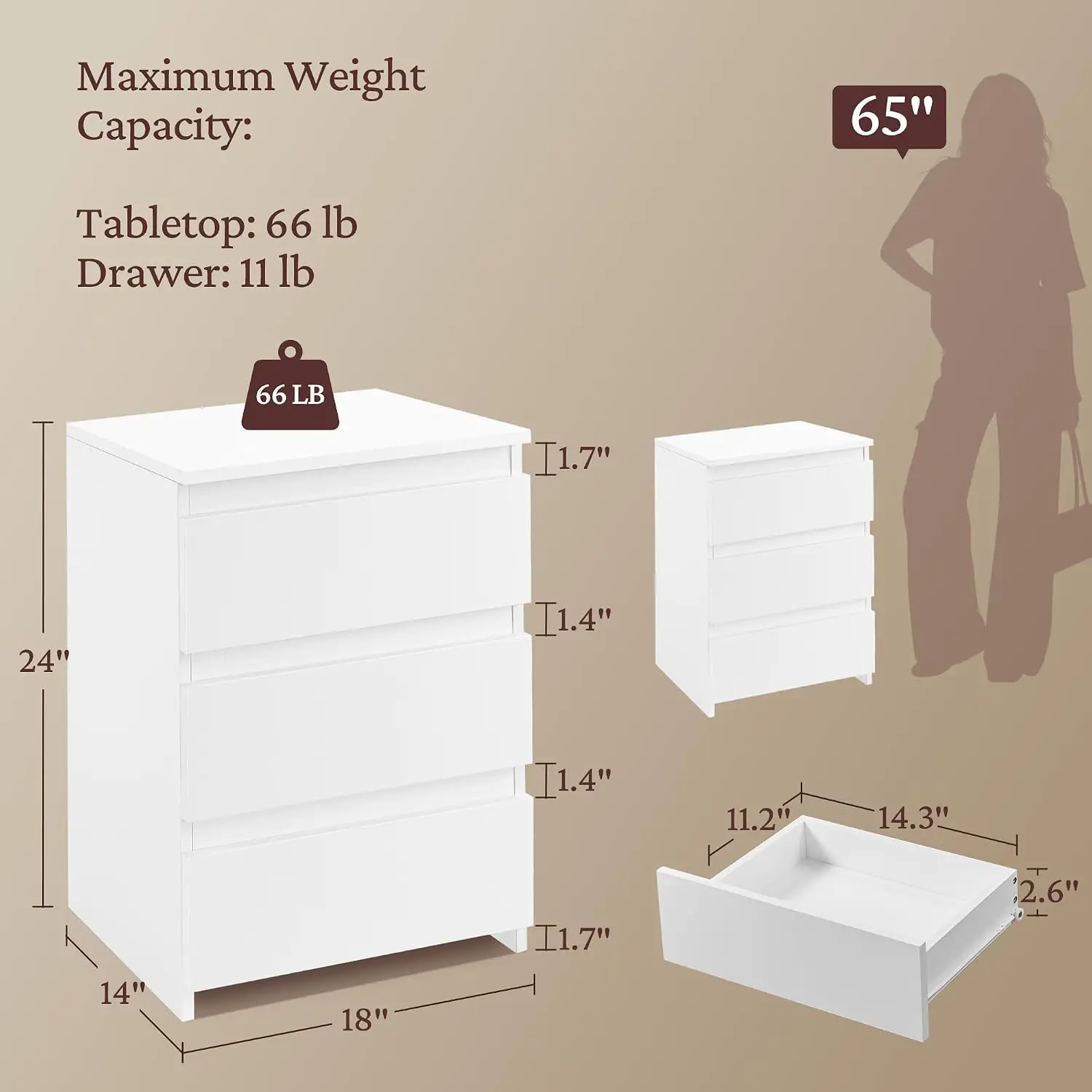 Small Nightstand with 3 Drawers, Bedroom Storage Dresser, White view 3